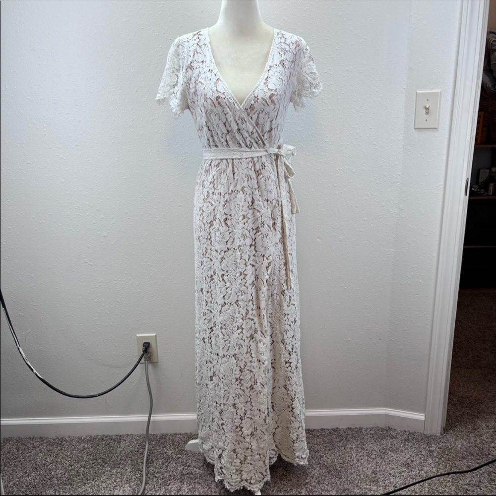 VICI cream lace wrap maxi dress short sleeve nude lined